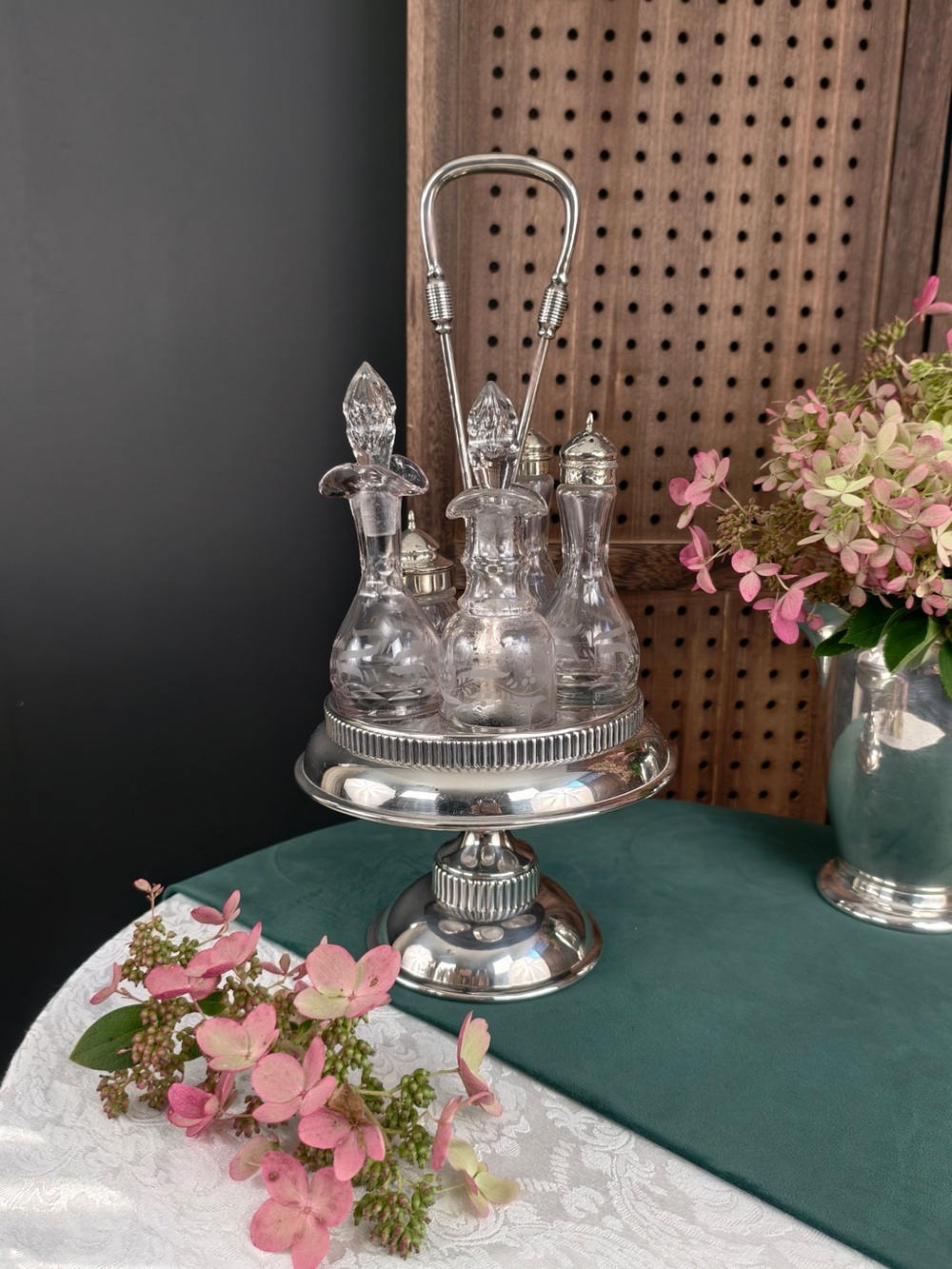 Silver Plated Condiment Cruet Set with Glass Bottles